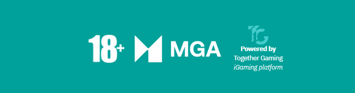 Footer compliance bar on teal background showing 18+ age restriction, MGA licence logo and Powered by Together Gaming iGaming platform badge