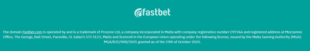 Wide Fastbet footer panel on teal background with logo and full legal disclaimer: Prozone Ltd, Malta, company registration C97366, MGA licence MGA/B2C/908/2021, St Julian's address