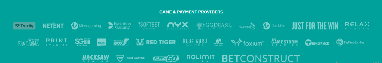 Game and Payment Providers footer strip showing Trustly, NetEnt, Microgaming, Evolution Gaming, iSoftBet, NYX, Yggdrasil, Pragmatic Play, Quickfire, Just For The Win, Relax Gaming, Red Tiger, ELK, Hacksaw Gaming, Push Gaming, Play'n GO, Nolimit City, BetConstruct and others