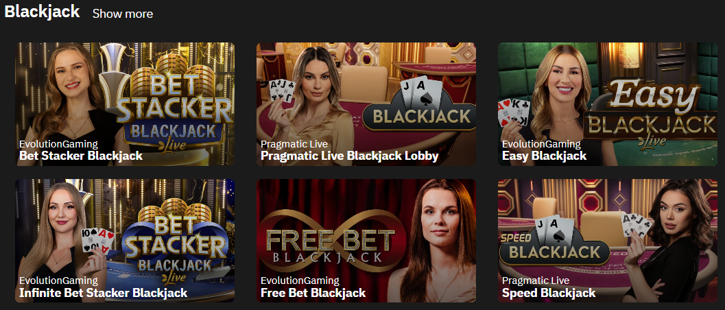 Blackjack section showing Bet Stacker Blackjack, Pragmatic Live Blackjack Lobby, Easy Blackjack, Infinite Bet Stacker, Free Bet Blackjack and Speed Blackjack with Show more link